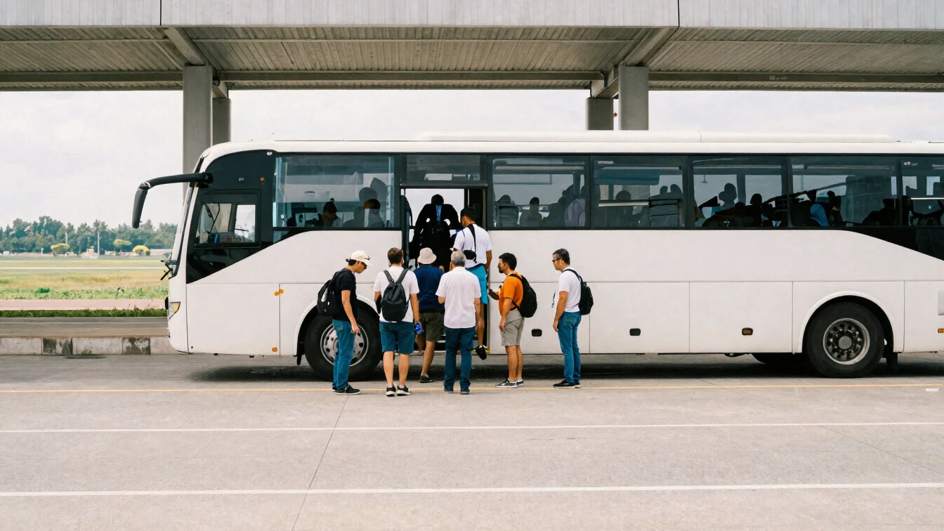 Documentary photograph of a small group of travelers boarding a c