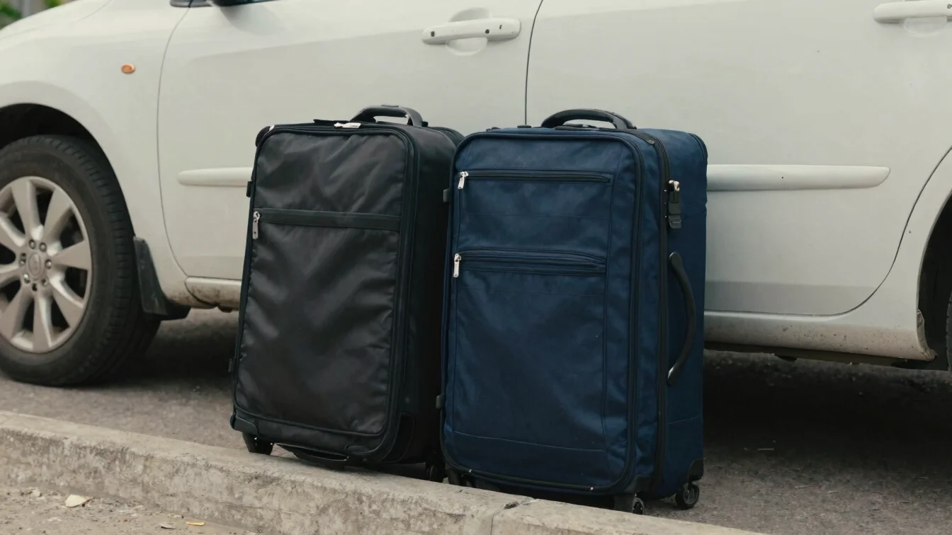 Candid documentary photograph of a traveler's luggage beside a ca