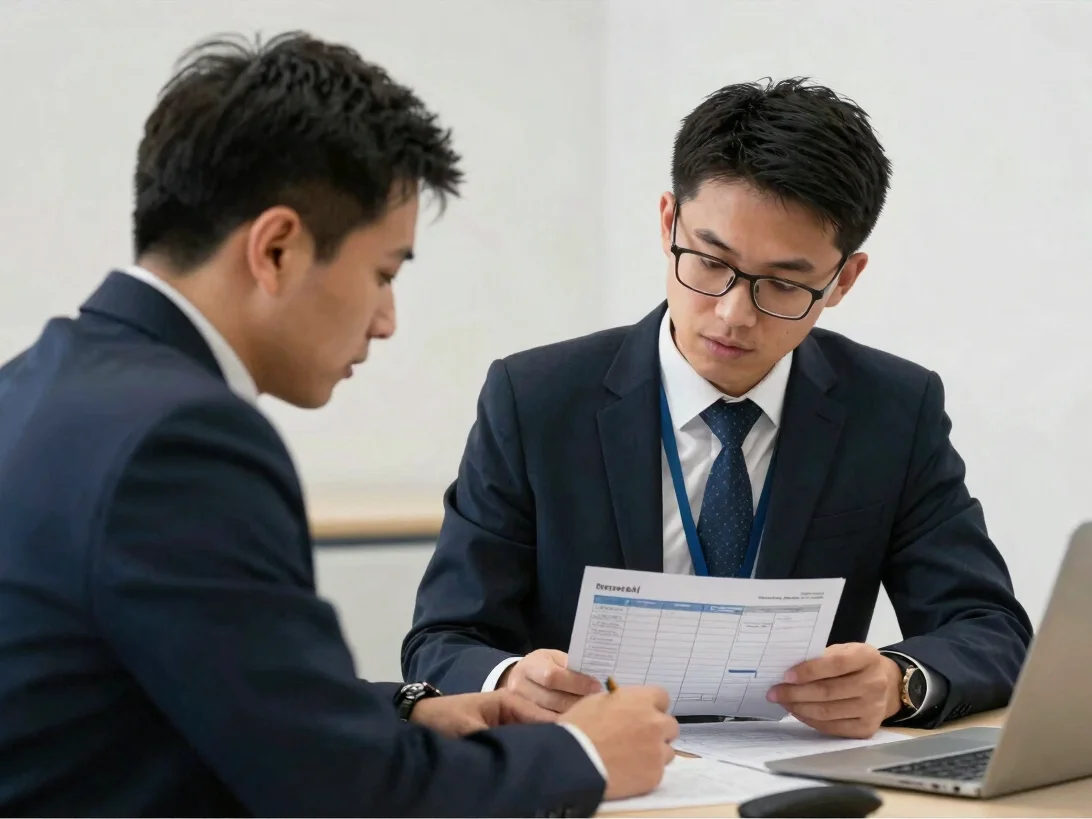 Documentary photograph of a travel coordinator reviewing a printe