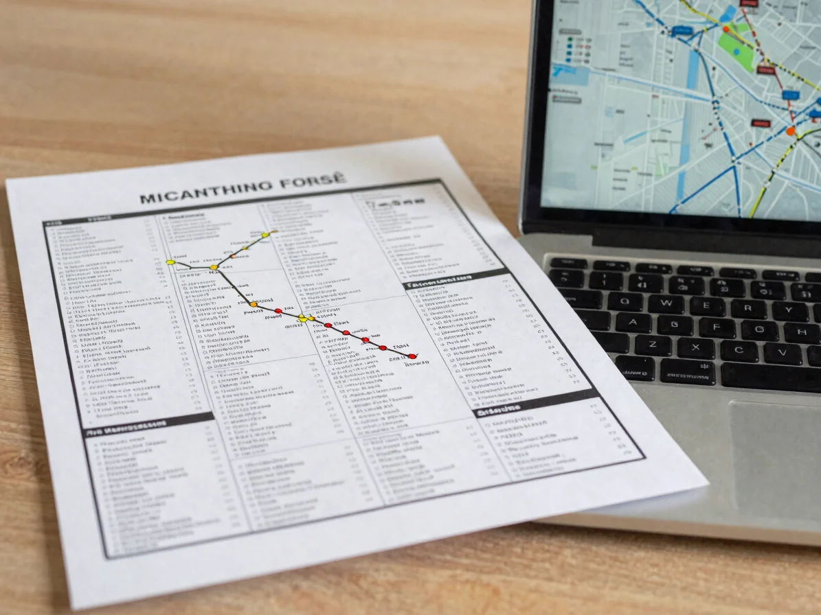 Editorial photograph of a printed itinerary beside a laptop showi