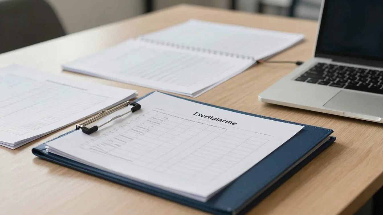 Editorial documentary photograph of a planning desk with printed